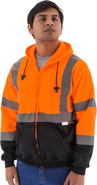 Sportex Hi-Viz Hooded Sweatshirt with Zipper Closure, ANSI 3, Orange/Black